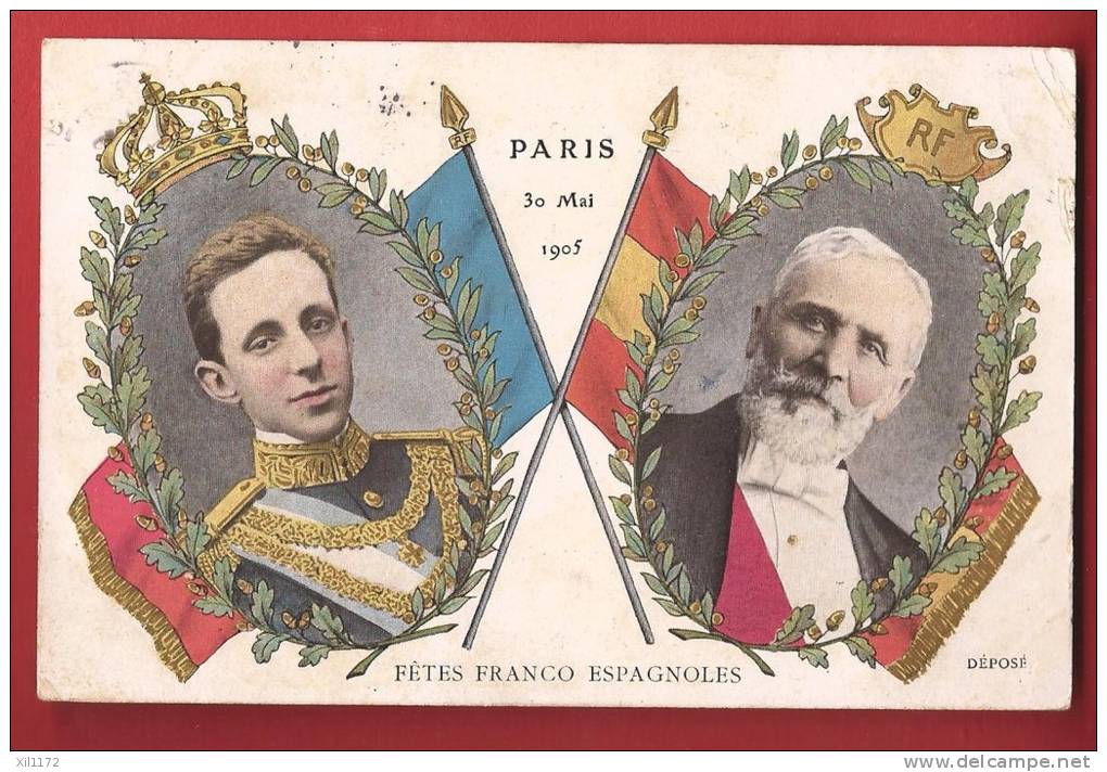 X0788 Litho Fêtes Franco Espagnoles,Roi Alphonse XIII D'Espagne Avec Président République Française,30 Mai 1905 - Familles Royales