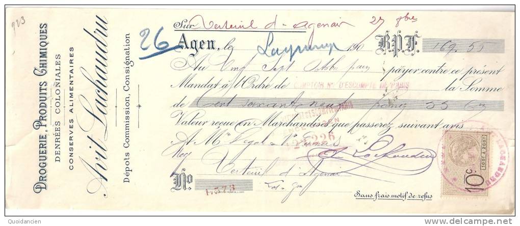 Mandat  27/10/190?  -  AGEN  -  A.  LACHAUDRU   Droguerie, Produits Chimiques  -  Denrées  Coloniales  -  LEGAL,  DUMAS - Lettres De Change