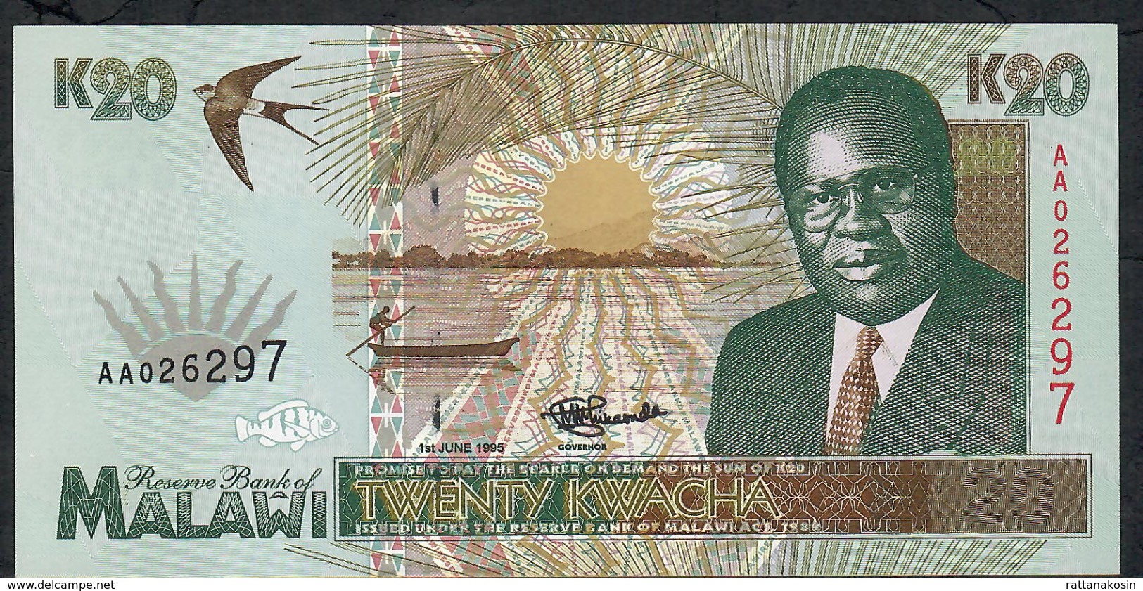 MALAWI   P32  20   KWACHA  1995 Serie #AA026297  FIRST PREFIX !   UNC. - Malawi