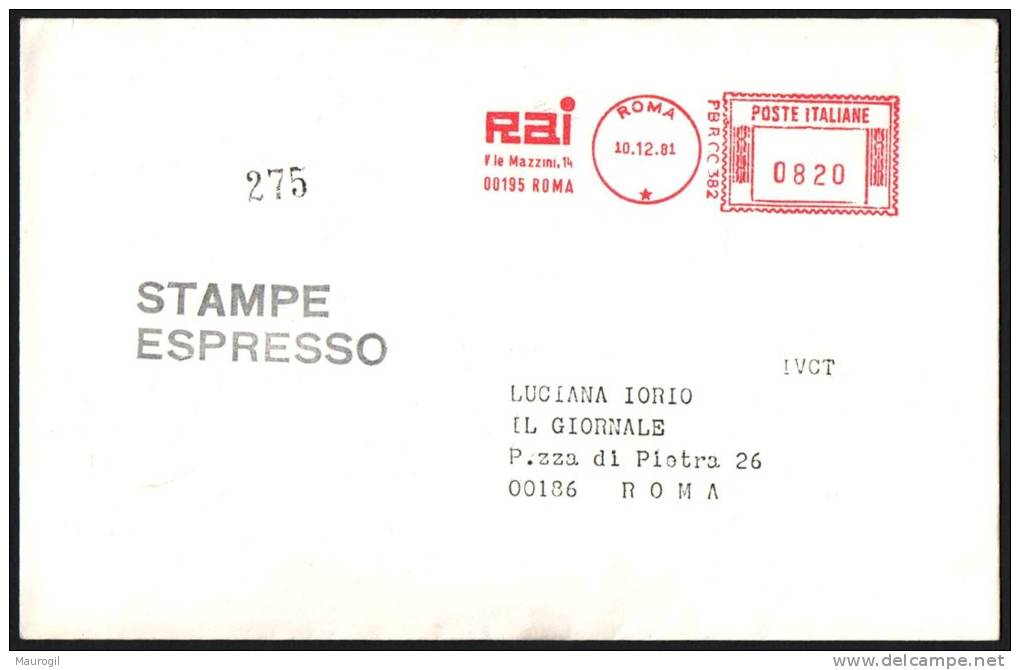 ITALIA ROMA 1981 - EMA / METER - RAI RADIOTELEVISIONE ITALIANA - MACCHINA PB R CC 382 - Telekom