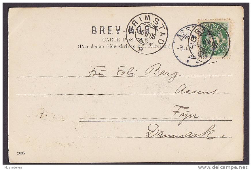 Norway PPC Simple Side Brevkort Deluxe GRIMSTAD 1906 To ASSENS Fyn Denmark Koldinghus (2 Scans) - Briefe U. Dokumente