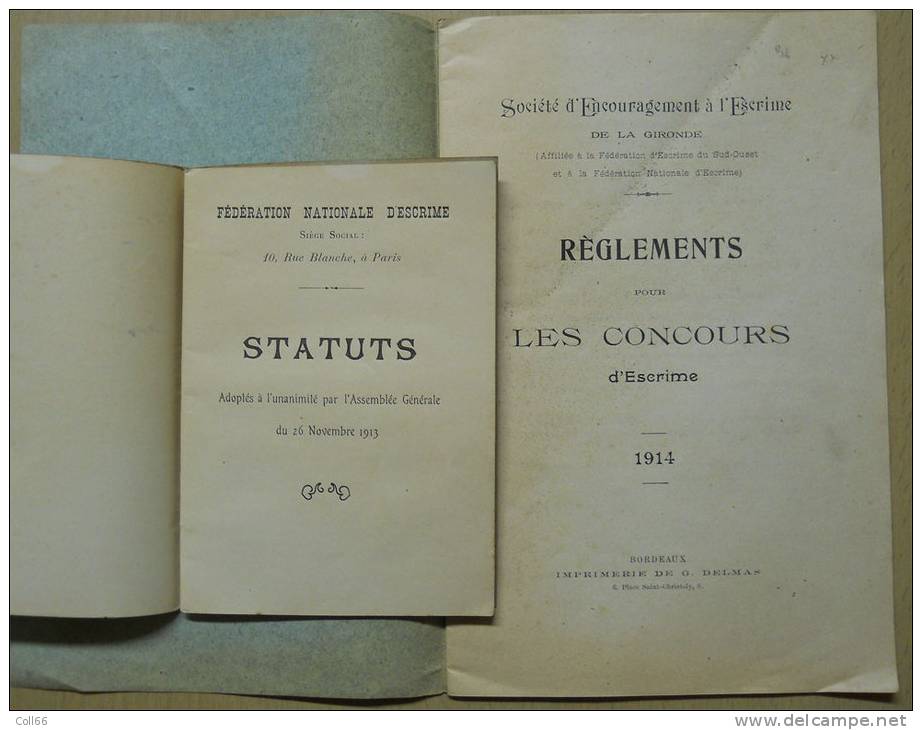 1913 &amp; 1914 Escrime Lot De 2 Brochures Anciennes Règlement Pour Les Concours Et Statuts Postage Inclus Pour Europe - Autres & Non Classés