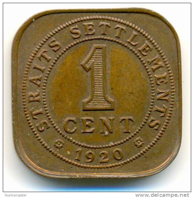 STRAITS SETTLEMENTS 1 CENT 1920 , UNC , UNCLEANED COIN - Colonias