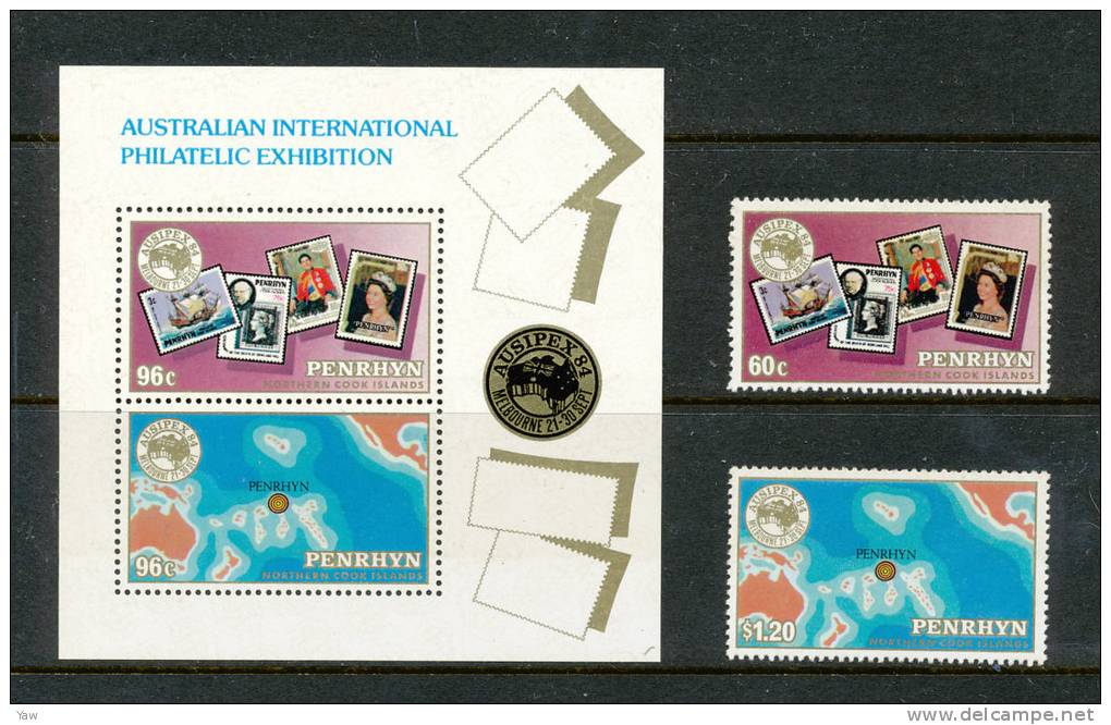 PENRHYN 1984  "Ausipex" International Stamp Exhibition. Stamps On Stamps, Maps - FULL SERIE + BLOCK MNH** - Penrhyn