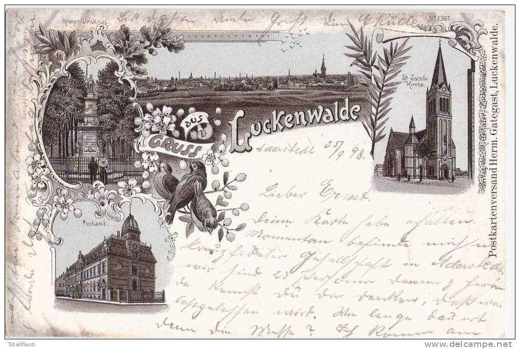 Gruss Aus Luckenwalde Braun Litho Postamt Jacobi Kirche Krieger Denkmal Gesamtansicht 26.9.1898 Gelaufen - Luckenwalde