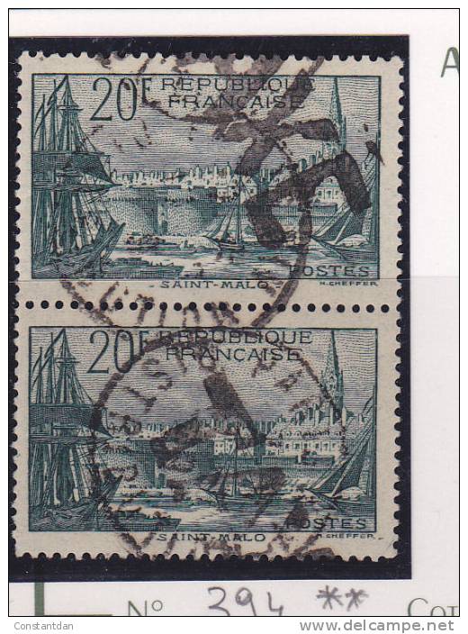 FRANCE N°394 20F VERT ST MALO TIMBRE UTILISE COMME TIMBRE TAXE NEUF SANS CHARNIERE RARE - Usati