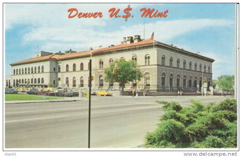 Denver CO Colorado US Mint, Coins, Autos C1950s/60s Vintage Postcard - Denver