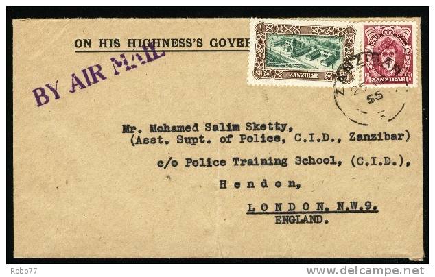 1955 Zanzibar Air Mail Letter, Cover Sent To London. (H195c009) - Zanzibar (...-1963)