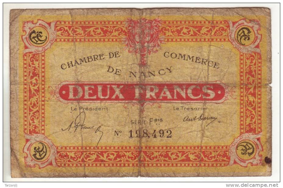 Billet De Deux Francs (2) Chambre De Commerce De Nancy (Meurthe Et Moselle 54) - Handelskammer
