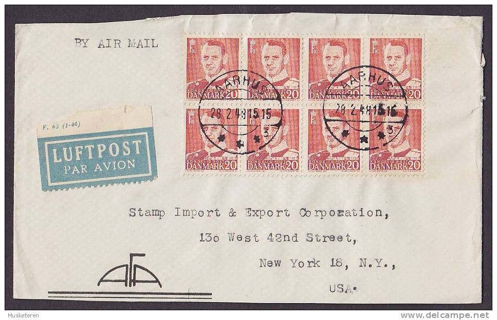 Denmark Airmail AFA Par Avion Luftpost Label AARHUS 1948 Cover To NEW YORK USA King Frederik IX 8- Block !! (2 Scans) - Luftpost