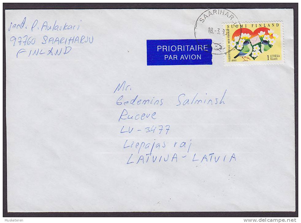 Finland Prioritaire Par Avion Label SAARIHARJU 1993 Cover To Latvia Latvija (2 Scans) - Storia Postale