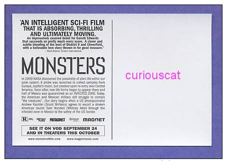 MOVIE FILM ADVERTISMENT POSTER POSTCARD For THE  FILM  MONSTERS With SCOOT McNAIRY And WHITNEY ABLE - Plakate Auf Karten