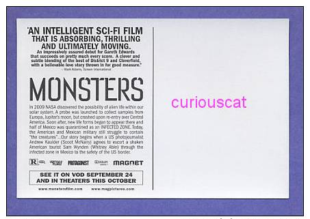 MOVIE FILM ADVERTISMENT POSTER POSTCARD For THE  FILM  MONSTERS With SCOOT McNAIRY And WHITNEY ABLE - Posters Op Kaarten