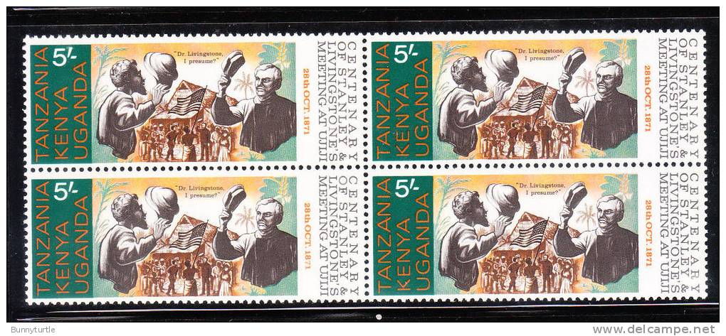 Kenya Uganda Tanzania KUT 1971 Meeting Of Stanley And Livingstone Flag Blk Of 4 MNH - Kenya, Uganda & Tanzania