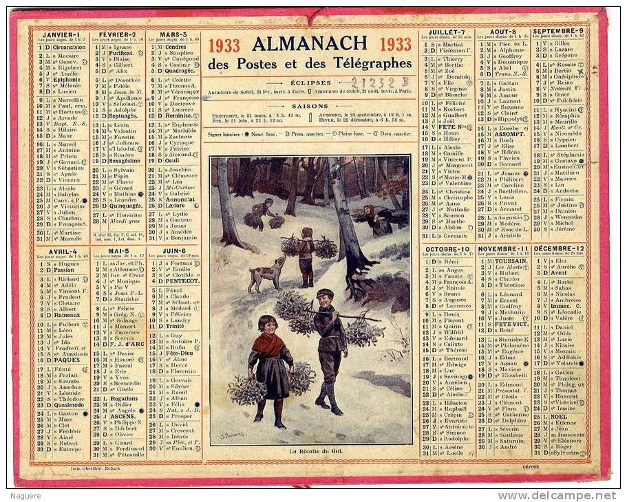 CALENDRIER ORIGINAL 1933  -   LA RECOLTE DU GUI  -  ILLUSTRATION  J L BEUZON - Tamaño Grande : 1921-40