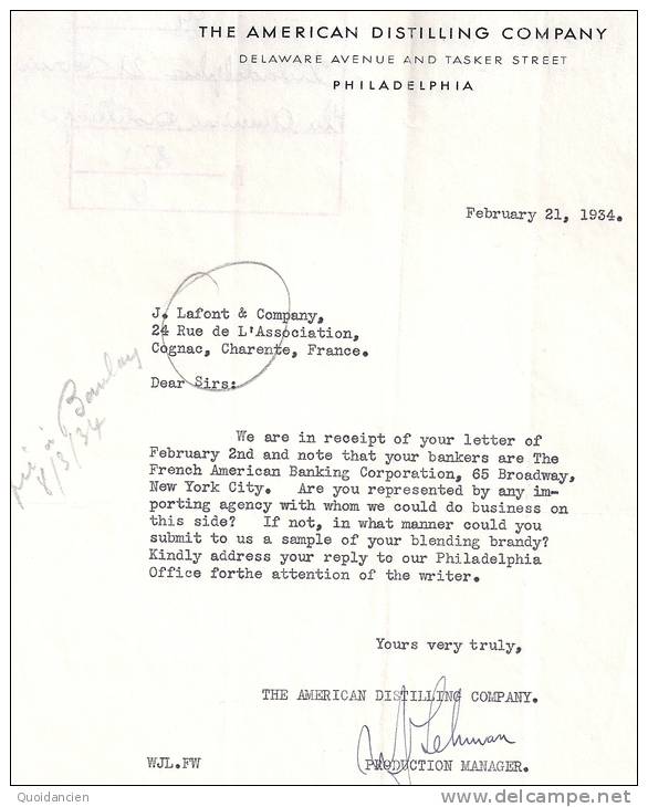 Lettre écrite  En Anglais  -  21/02/1934  -  PHILADELPHIE  (  Etats  Unis )  DISTILLERIE  à  J.  LAFONT   -  COGNAC - USA