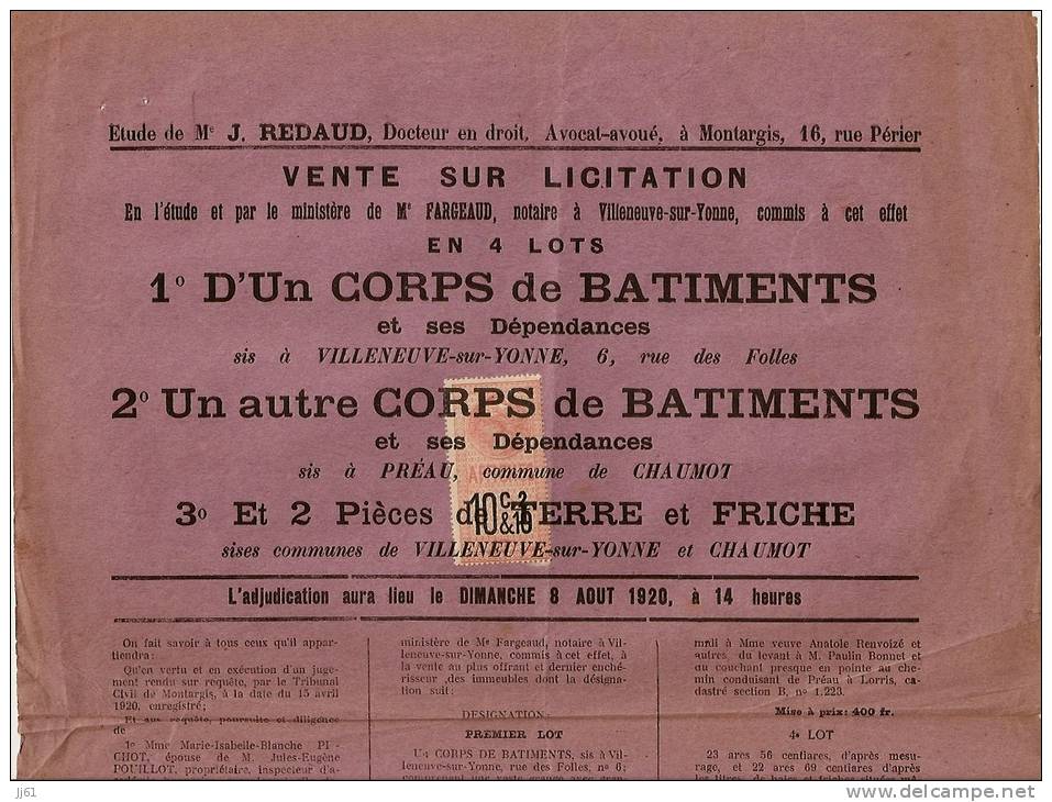 VILLENEUVE SUR YONNE PREAU COMMUNE DE CHAUMOT AFFICHE DE VENTE LA GLODONNERIE LES BASSES CANNONNIERES  DU 8 AOUT 1920 - Affiches