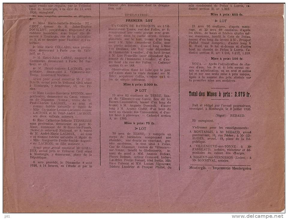 VILLENEUVE SUR YONNE PREAU COMMUNE DE CHAUMOT AFFICHE DE VENTE LA GLODONNERIE LES BASSES CANNONNIERES  DU 8 AOUT 1920 - Affiches