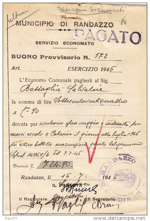 BUONO PROVVISORIO 1946 /  Randazzo   -  Timbro Con Fasci - Other & Unclassified