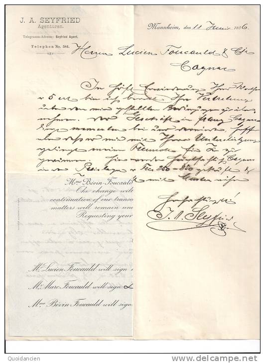 Lettre 11/06/1896  -  MANNHEIM  ( Allemagne )J.A.  SEYFRIED  à L.  FOUCAULD  COGNAC - 1800 – 1899