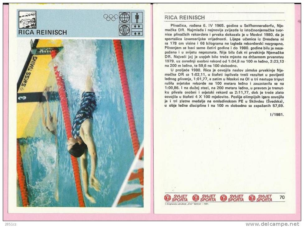SPORT CARD No 70 - RICA REINISCH, Yugoslavia, 1981., 10 X 15 Cm - Zwemmen