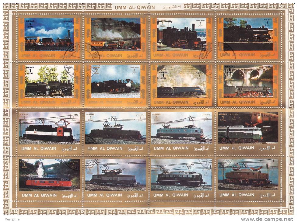 UMM AL QIWAIN  1972  Locomotives Série Complète Bloc De 16 Différents Michel 1210-1225 Oblitérés - Umm Al-Qiwain