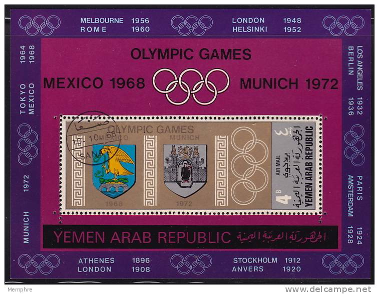 YAR  1968  Jeux Olympiques Armoiries De Mexico Et Munich  Michel Bloc 85 Oblitéré - Yemen