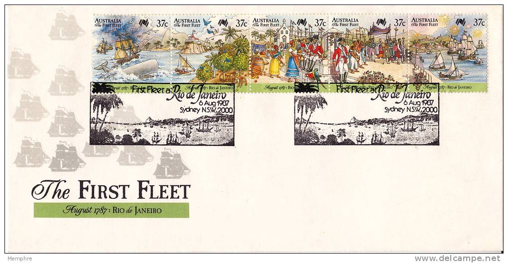 1987  First Fleet At Rio De Janeiro  Sc 1027 Strip Of 5 - FDC