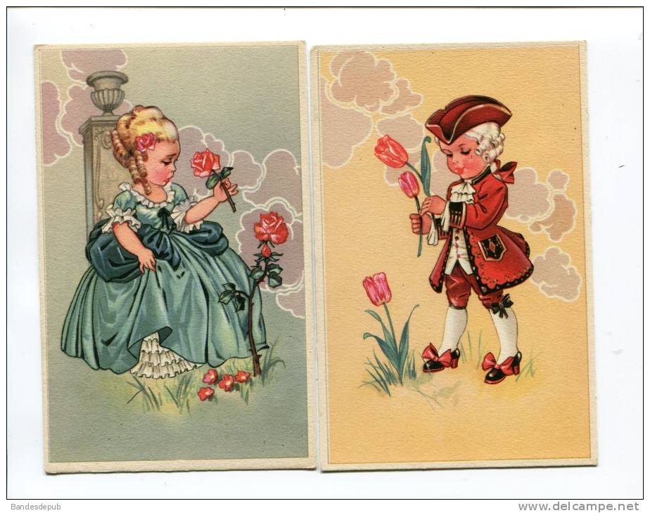 Deux Jolies Cartes Illustrées Couple Enfant Fillette Petite Fille Petit Garçon  Costumes XVIIIème  Rose Tulipe - Other & Unclassified