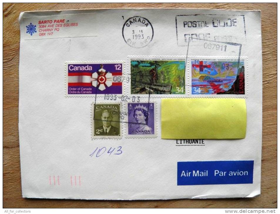 Cover Sent From Canada To Lithuania,  1993, Order, Queen, Boat, Lake - Gedenkausgaben