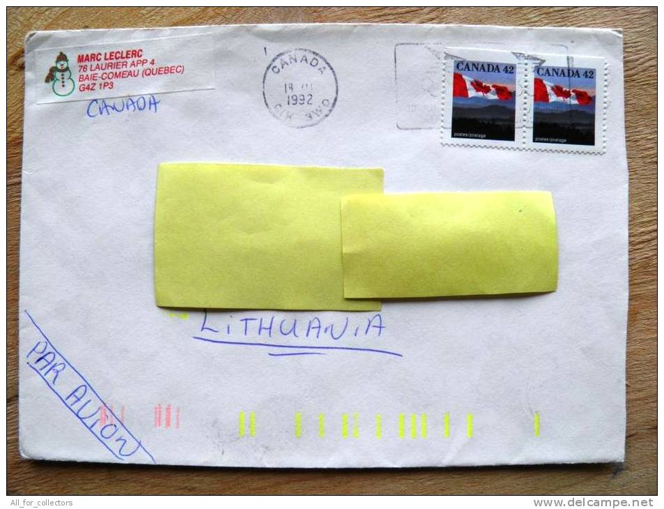 Cover Sent From Canada To Lithuania,  1992, Flag - Gedenkausgaben