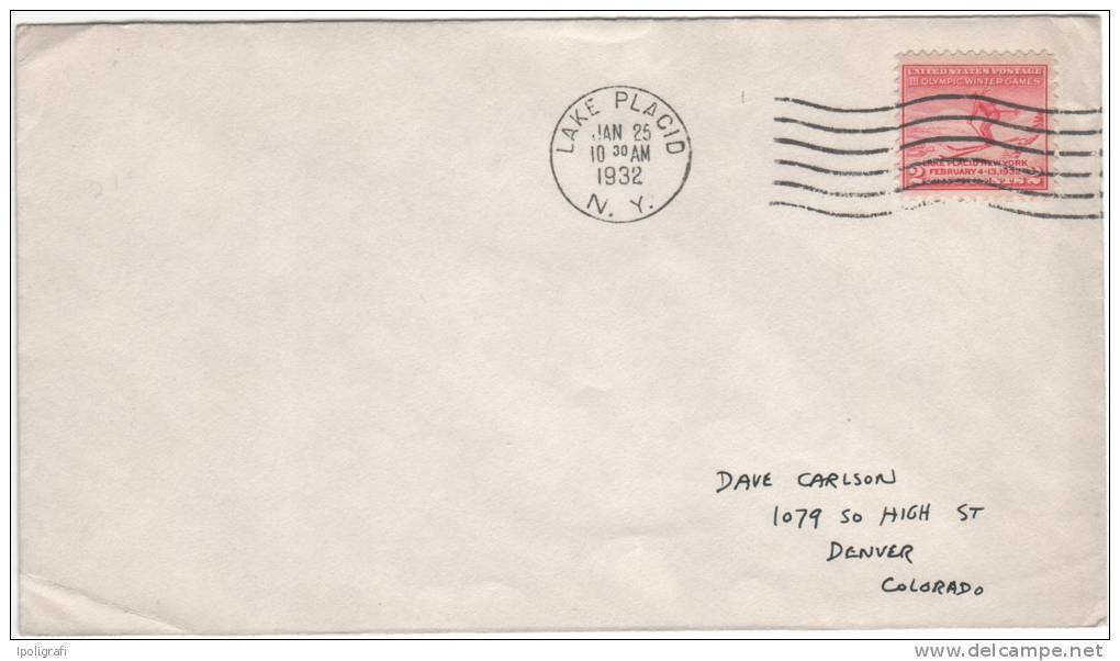 USA - 1932 - Olympic Games In Lake Placid FDC, Skier - Lake Placid 25-1-1932 - Winter 1932: Lake Placid