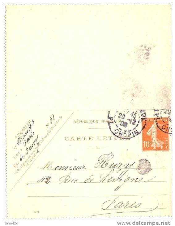 REF LBR33 - FRANCE CARTE LETTRE SEMEUSE CAMEE 10c DATE 633 OBL. DAGUIN PARIS PLACE CHOPIN 29/12/1906 - Cartoline-lettere