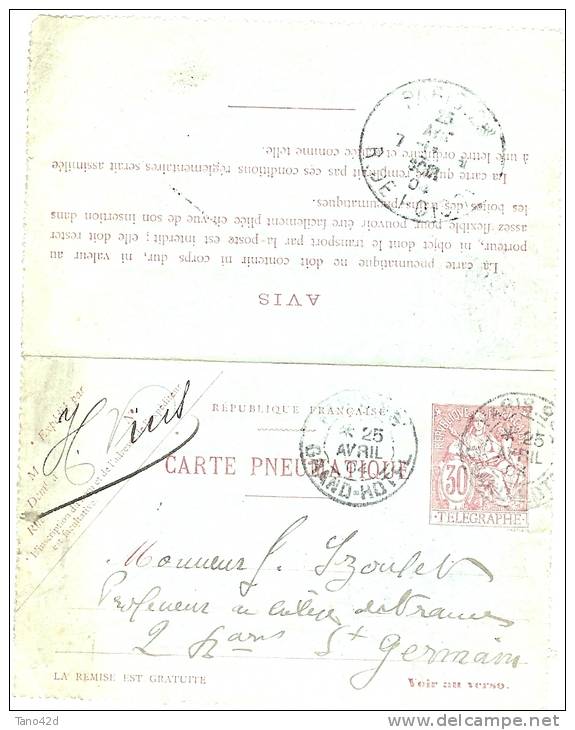 REF LBR33 - FRANCE CARTE LETTRE PNEUMATIQUE CHAPLAIN 30c OBL. GRAND HÔTEL 25/4/1904 - Pneumatici