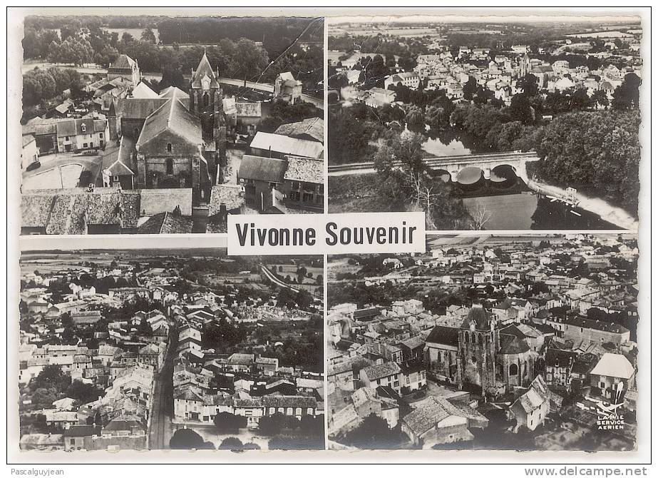 CARTE PHOTO EN AVION AU DESSUS DE VIVONNE - VUE AERIENNE GENERALE + PONT - GRAND RUE - EGLISE - Vivonne