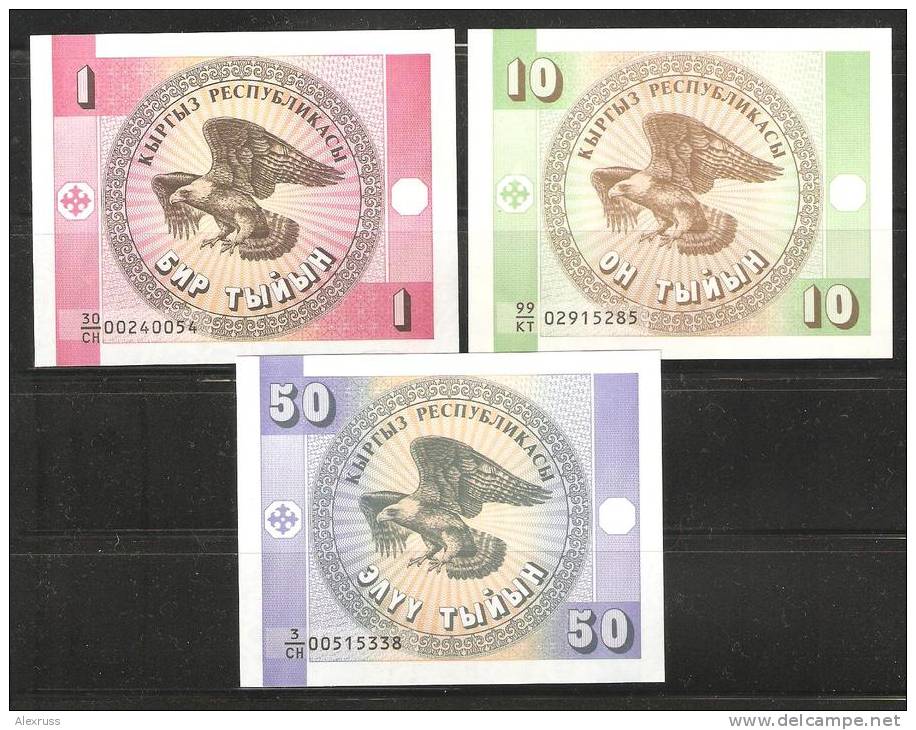 Kyrgyzstan 1993 ,1 ,10 & 50 Tyiyn,VF Crisp UNC - Kirghizistan