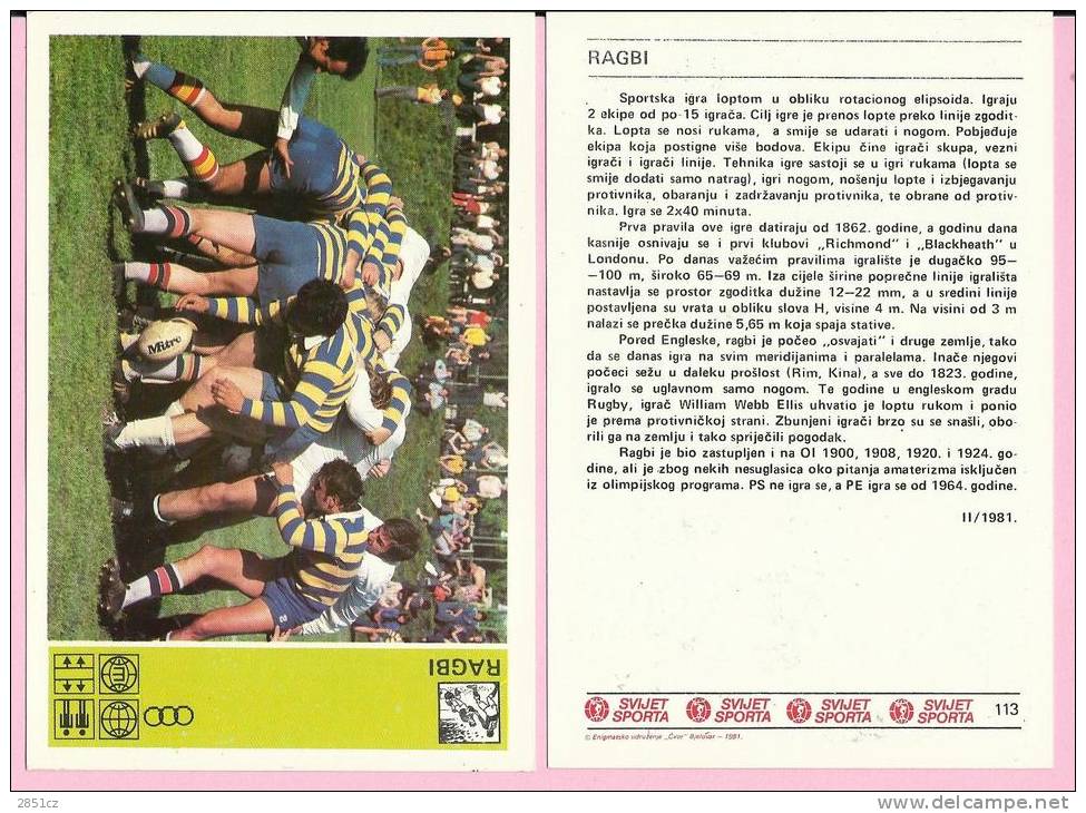 SPORT CARD No 113 - RUGBY,  Yugoslavia, 1981., 10 X 15 Cm - Rugby