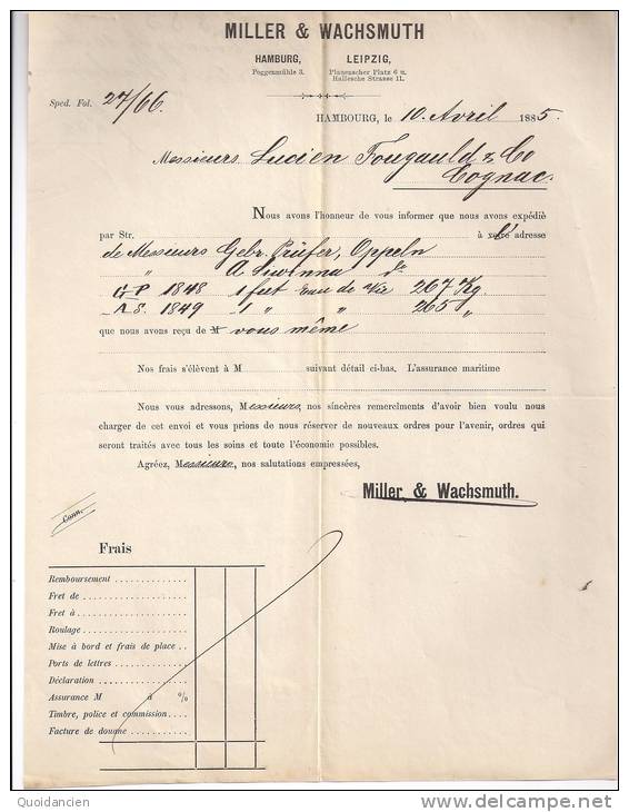 Lettre  10/04/1885  -  HAMBOURG  Allemagne  -  MILLER  &  WACHSMUTH  à L.  FOUCAULD - 1800 – 1899
