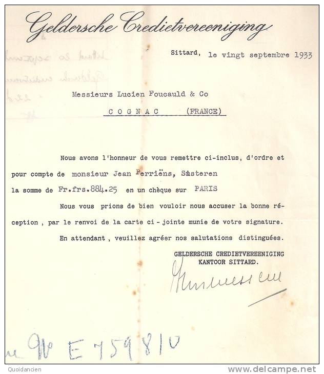 Lettre  20/09/1933  -  SITTARD  Pays  Bas  -  GELDERSCHE  CREDIETVEREENIGING  à  L.  FOUCAULD  COGNAC - Netherlands