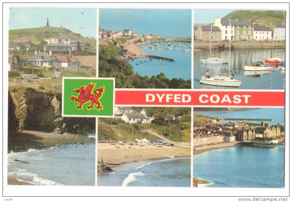 Wales - Dyfed - Dyfed Coast - Mosaic Postcard - 5 Views  - Coat Of Arms - 1984 - Carmarthenshire