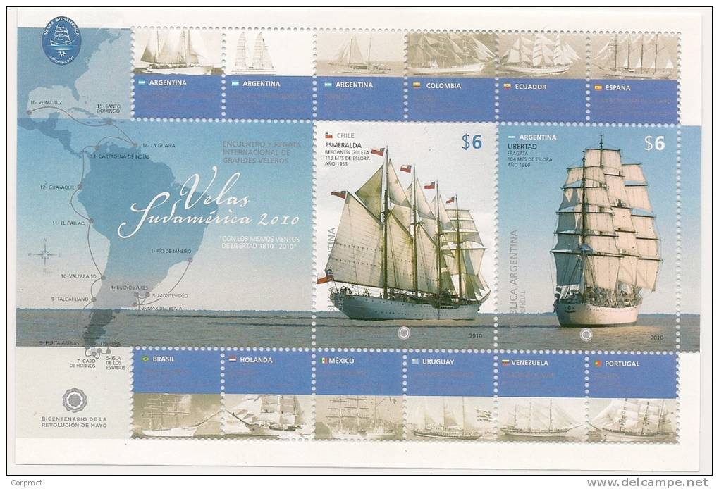 SHIPS - ARGENTINA - 2010 SOUVENIR SHEET Boat Fragata LIBERTAD And CHILE Bergantin ESMERALDA - MNH - Blokken & Velletjes