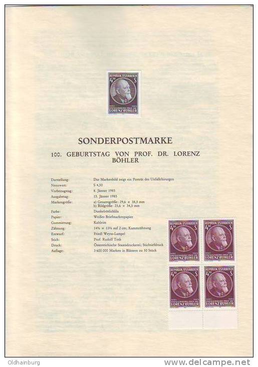 Österreich 1985 Dr. Lorenz Böhler, Unfallchirurgie: Schwarzdruck Plus Viererblock ** - Accidentes Y Seguridad Vial