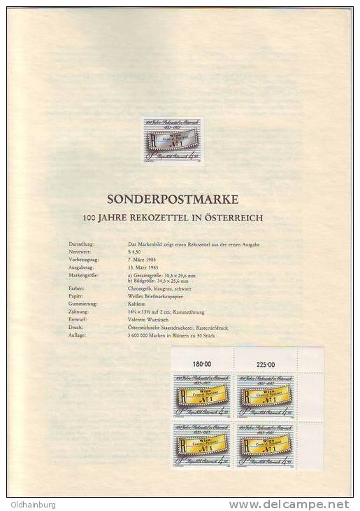 Österreich 1985 Jubiläum 100 Jahre Rekozettel In Österreich: Schwarzdruck Plus Viererblock ** - Zipcode