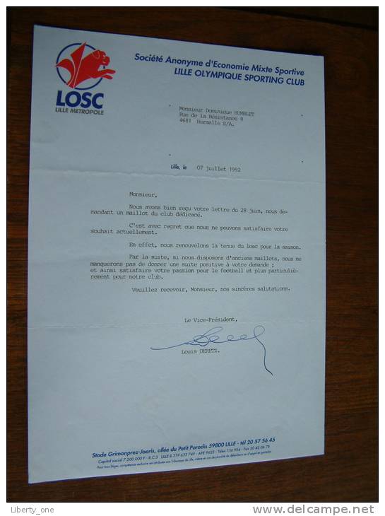 LILLE   OLYMPIQUE SPORTING CLUB / LOSC - ( LOUIS DERETZ ) - 1992 ! - Handtekening