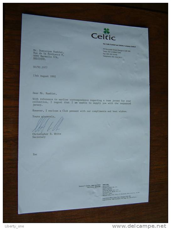 CELTIC - ( CHRISTOPHER D. WHITE ) - 1992 ! - Handtekening