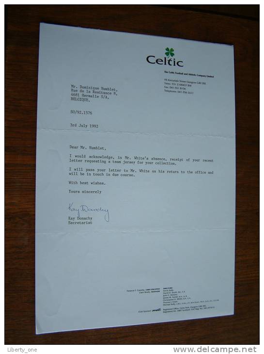 CELTIC - ( KAY DONACHY ) - 1992 ! - Handtekening