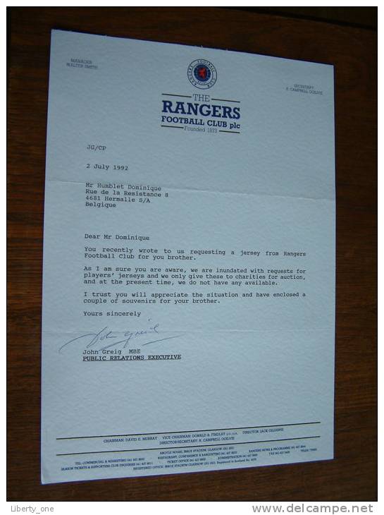 THE RANGERS FOOTBALL CLUB - ( JOHN GREIG MBE ) - 1992 ! - Handtekening
