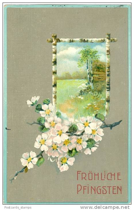 Pfingsten, Landschaft, Blumen, Prägekarte, 1914 - Pinksteren