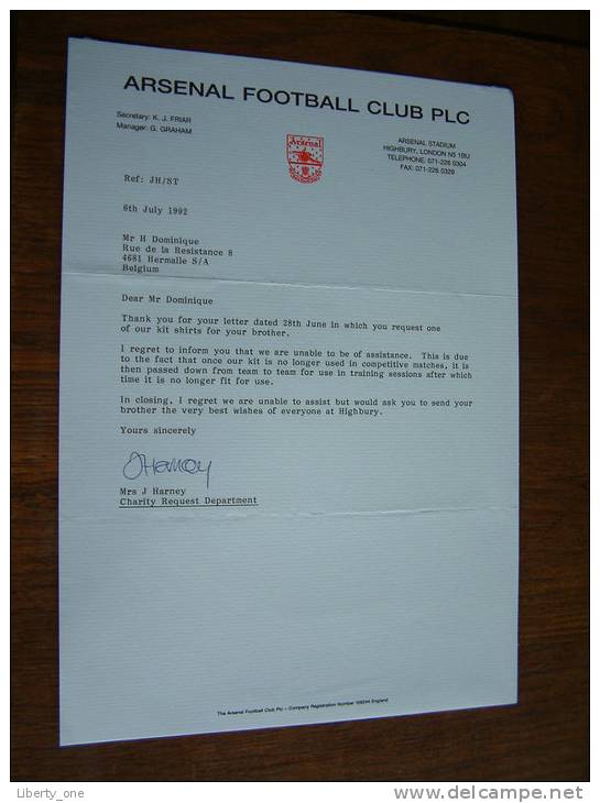 ARSENAL FOOTBALL CLUB PLC ( Mrs J. HARNEY ) - 1992 ! - Handtekening