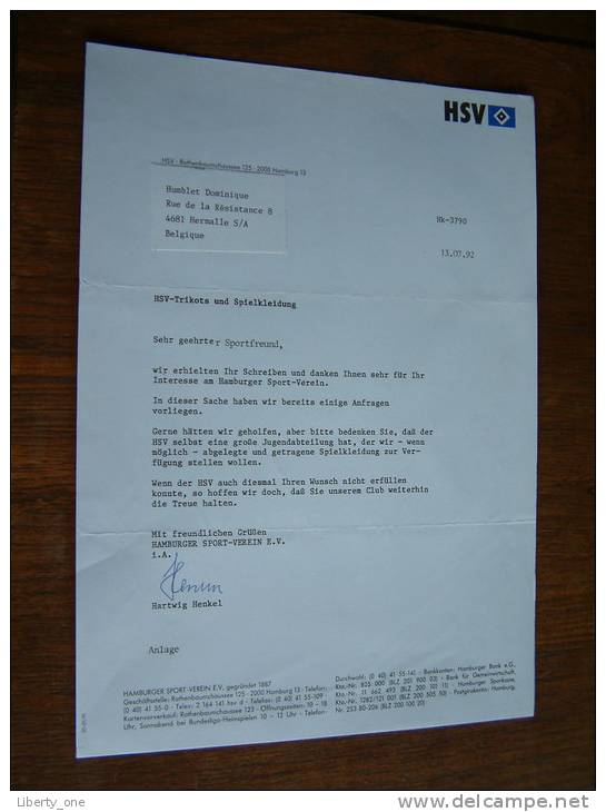 HSV HAMBURGER SPORT VEREIN ( HARTWIG HENKEL ) - 1992 ! - Autographes